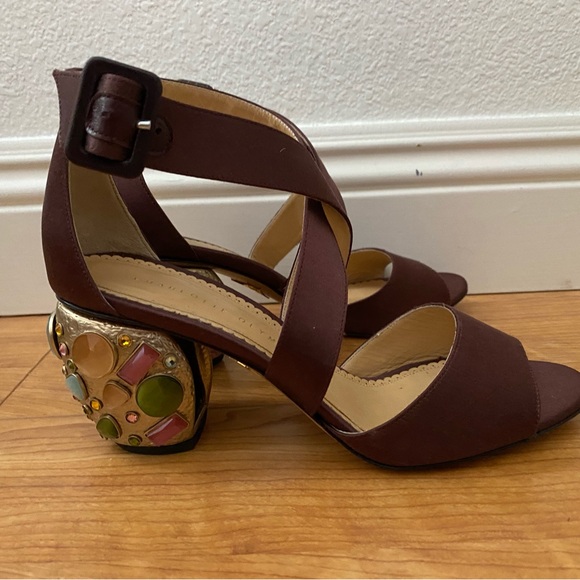 Charlotte Olympia Shoes - Charlotte Olympia Brown Heels with Embellished Block Heel
